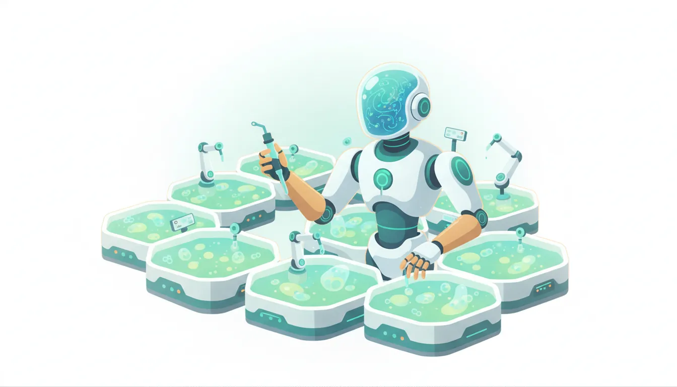 AI 에이전트가 바이오 배양 자동화·스마트 팜 미래를 구현하는 모습을 표현한 AI 일러스트