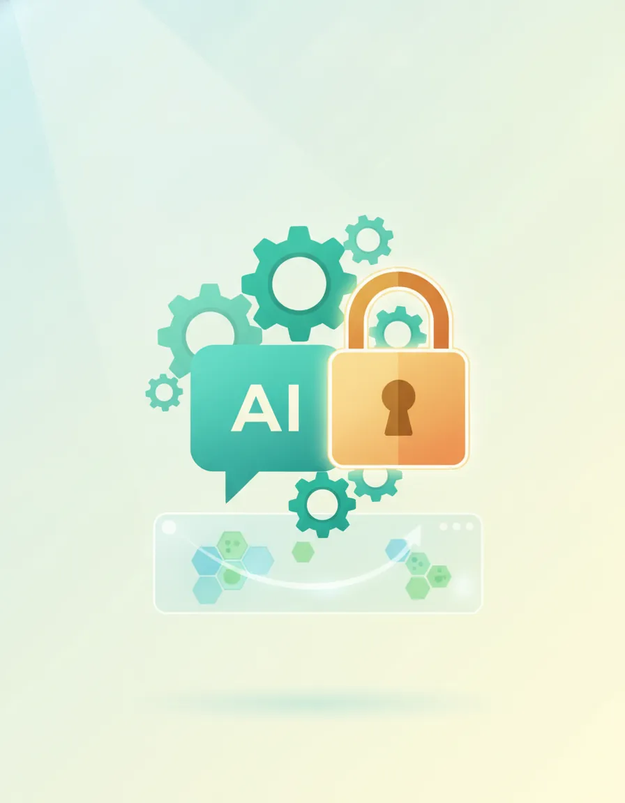 대화형 AI 에이전트 아이콘과 톱니바퀴, 보안 자물쇠를 함께 표현한 일러스트